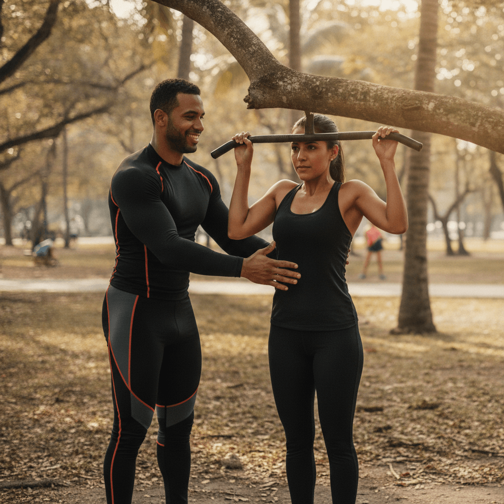 Persona entrenando calistenia al aire libre en Santo Domingo con un entrenador personal en Santo Domingo estructurado por app