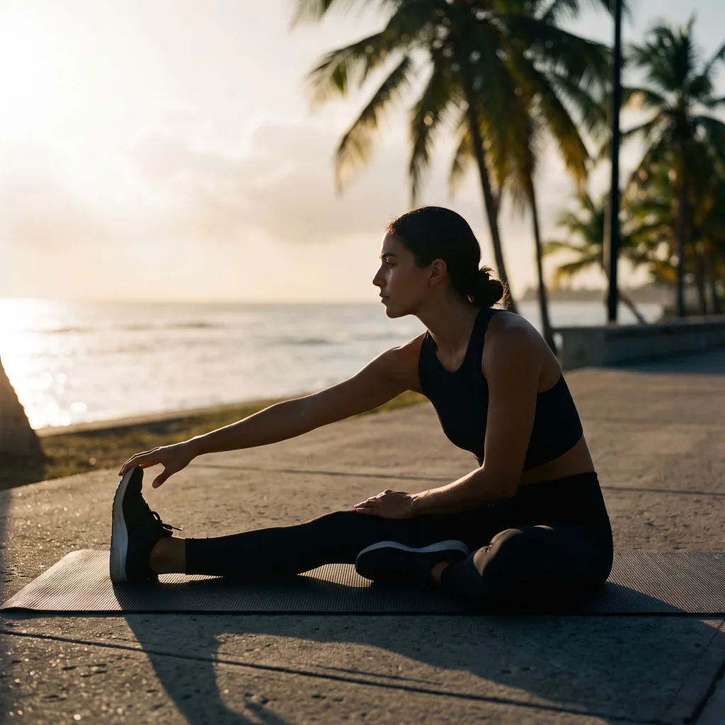Estiramientos después de entrenar en un parque frente al mar