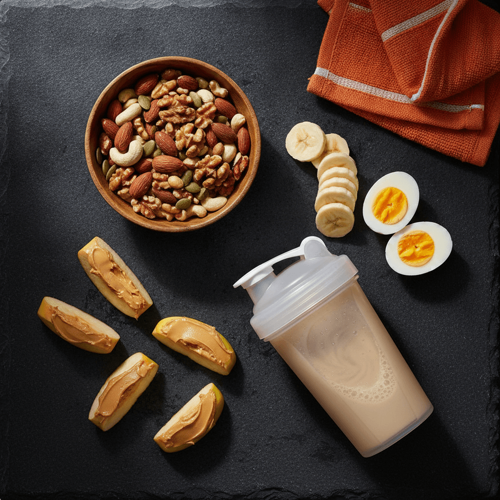Snacks saludables antes y después de entrenar calistenia: plátano, huevos duros, frutos secos y batido de proteína sobre una mesa