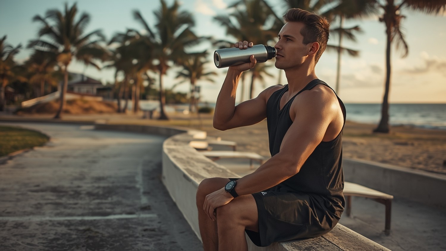 Hombre descansando tras entrenar y bebiendo agua en un parque de calistenia frente al mar