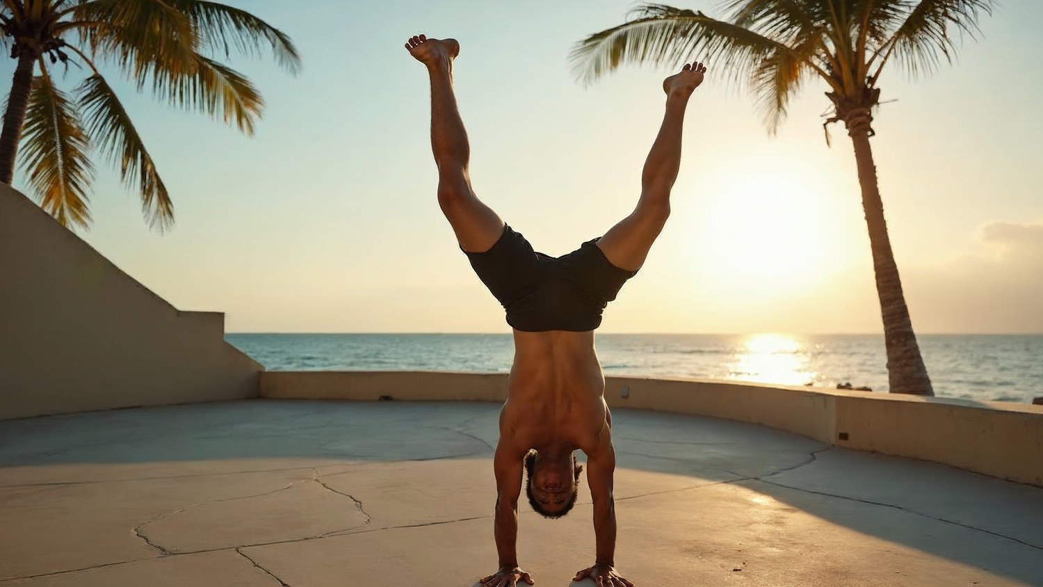 Hombre en posición de pino con el cuerpo completamente vertical e invertido