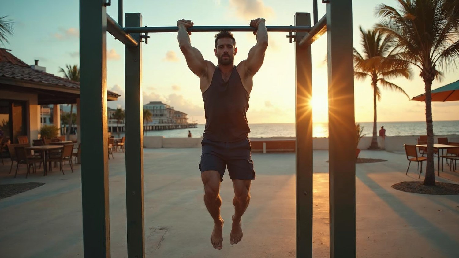 Hombre colgado de la barra fija al atardecer, posicion de inicio del muscle up