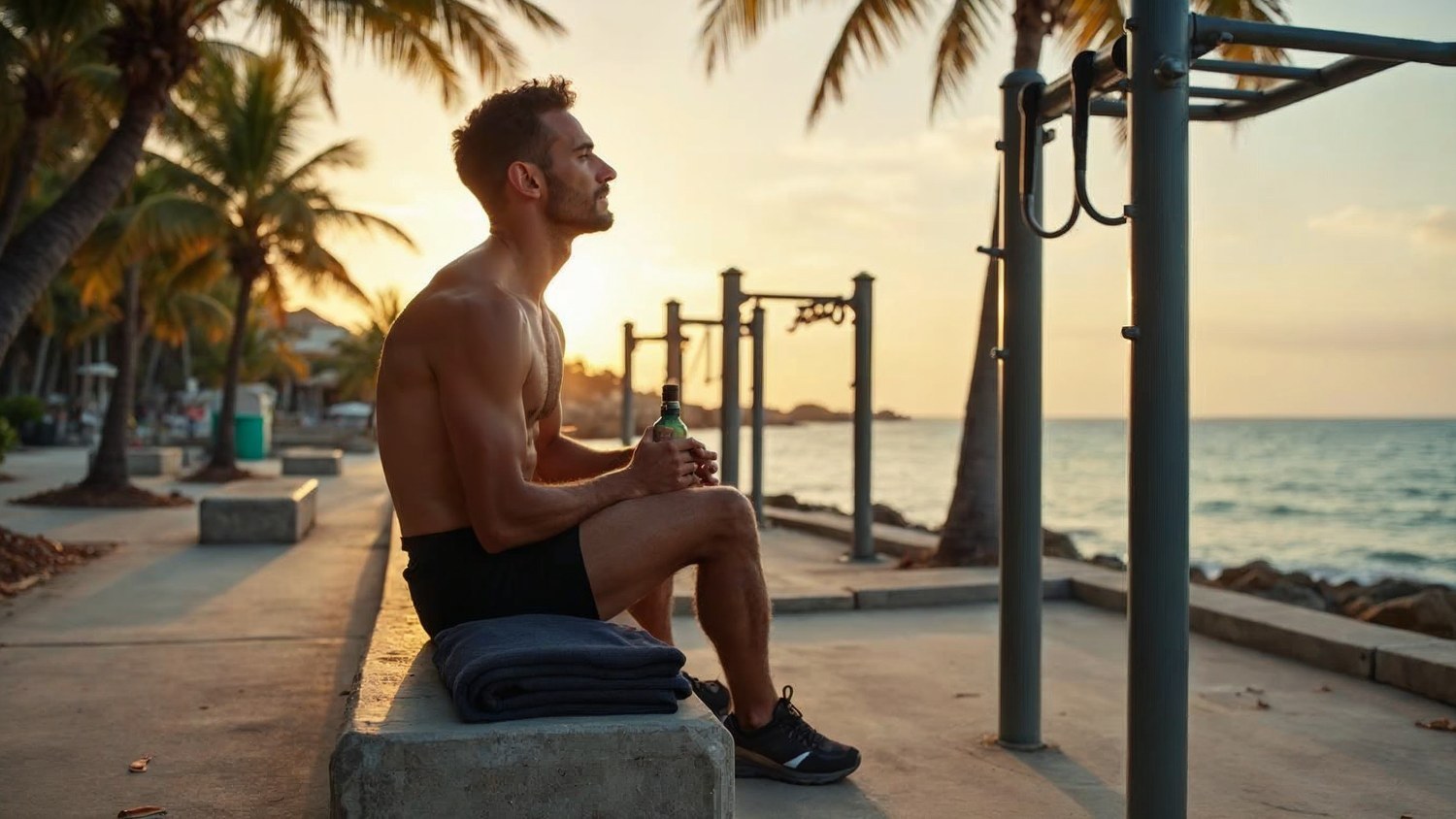 Hombre descansando entre sesiones de entrenamiento en un parque frente al mar