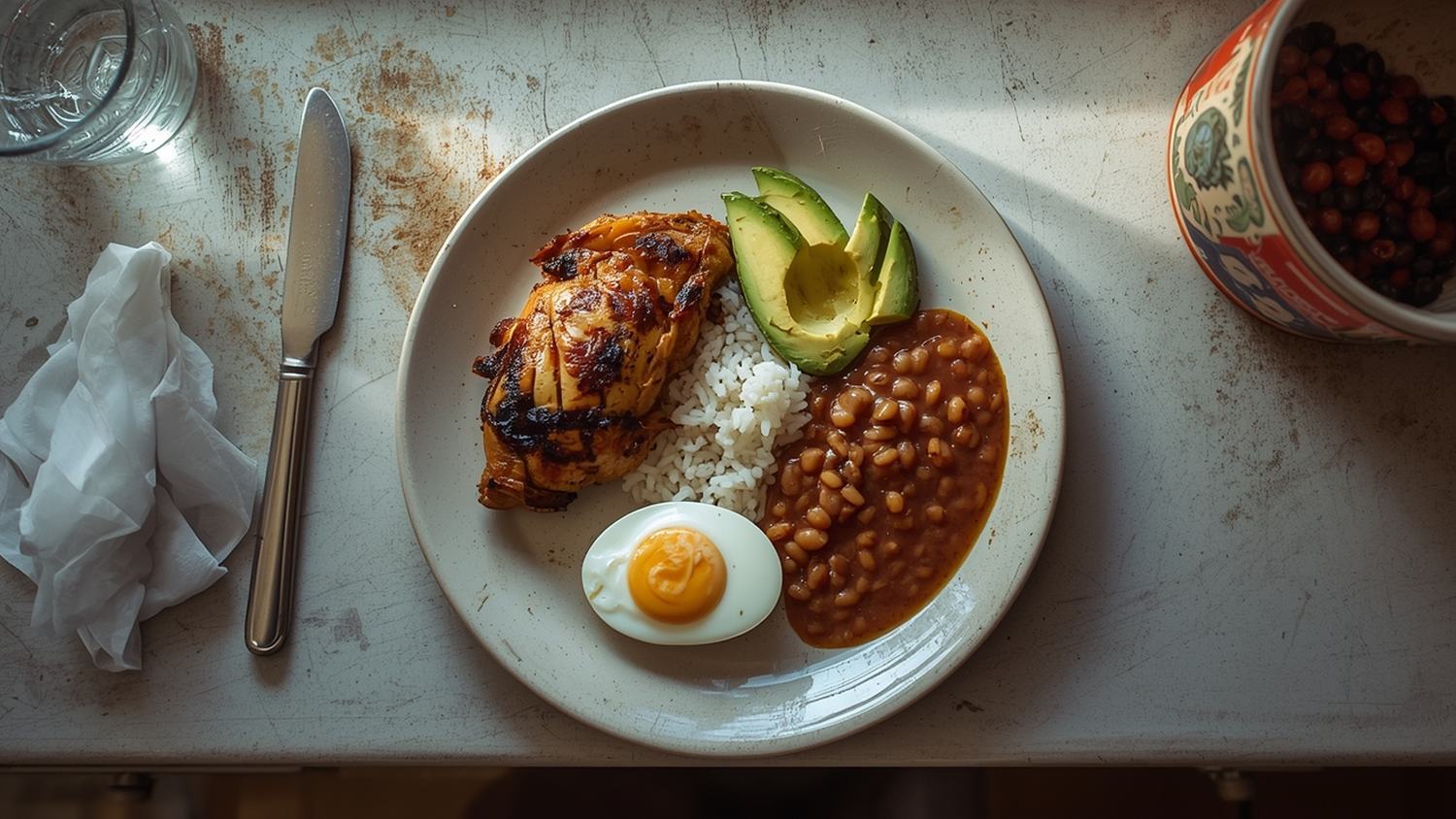 Plato de comida real con pollo, arroz, habichuelas y aguacate para ganar masa muscular