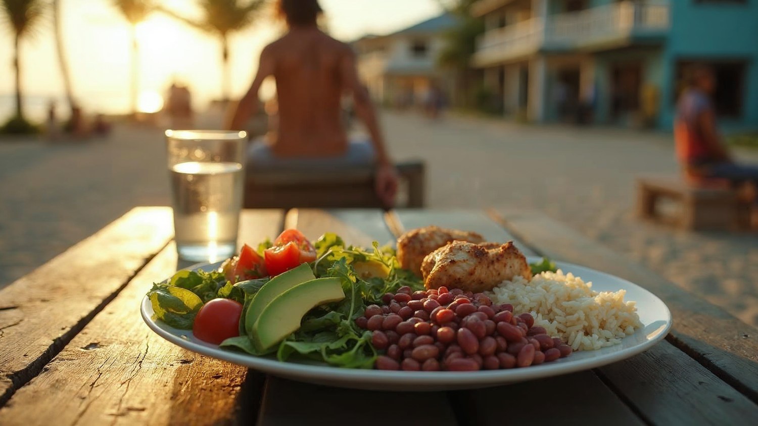 Plato balanceado con ensalada, pollo, arroz y habichuelas para una dieta para bajar de peso