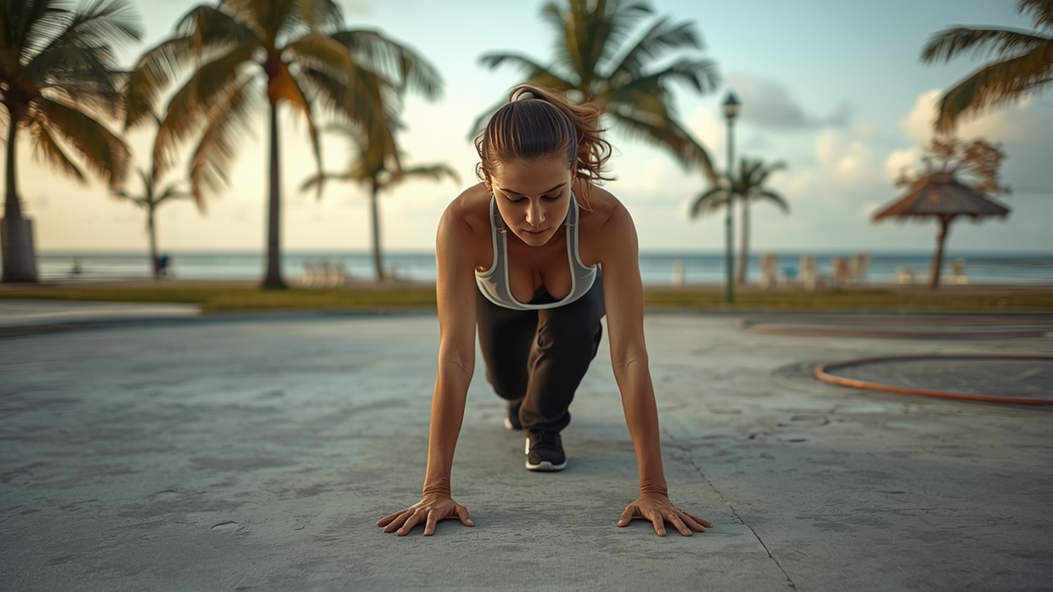 Mujer haciendo rodillas altas como ejercicio de cardio en un parque frente al mar