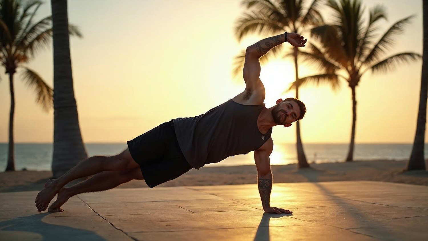 Hombre haciendo plancha lateral como ejercicio de core en un parque frente al mar