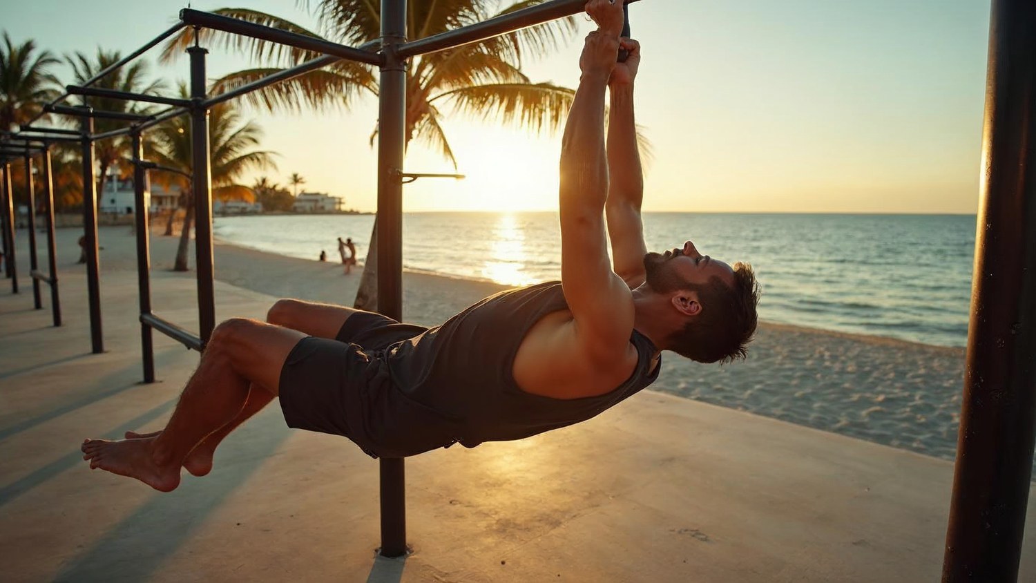 Hombre sosteniendo el front lever con el cuerpo horizontal en una barra de calistenia