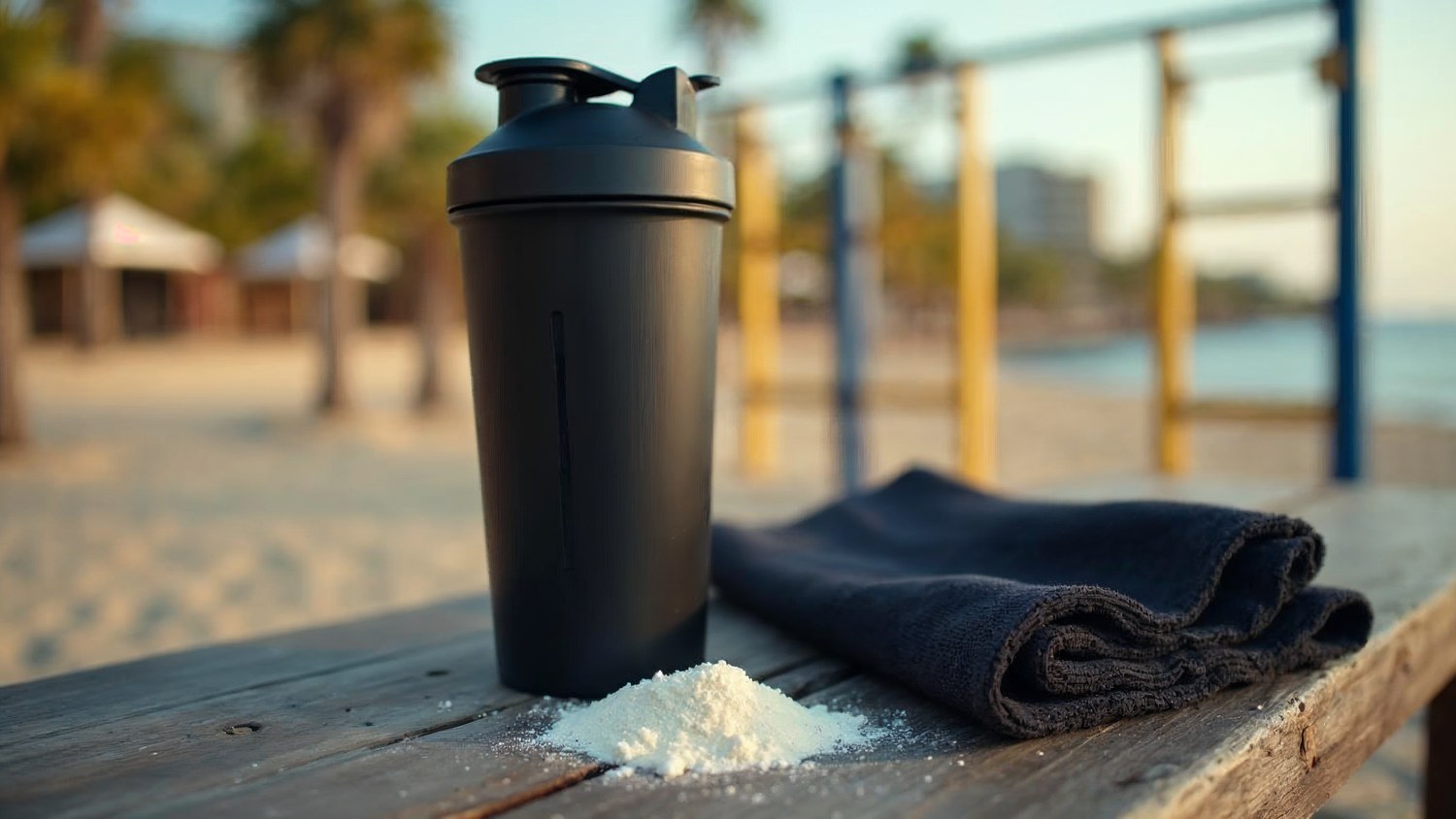 Shaker negro y proteina whey en polvo sobre un banco de madera en un parque de calistenia