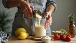 Manos vertiendo un batido cremoso en un vaso de vidrio sobre una encimera de madera, rodeado de fresas y fruta fresca