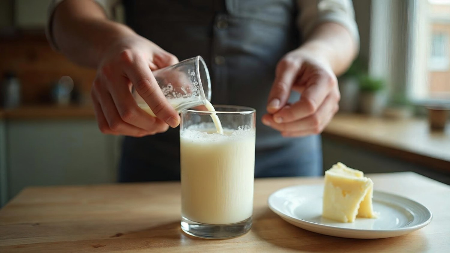 Manos sirviendo leche en un vaso de vidrio sobre una mesa de madera junto a un recipiente con queso fresco, fuentes de caseína