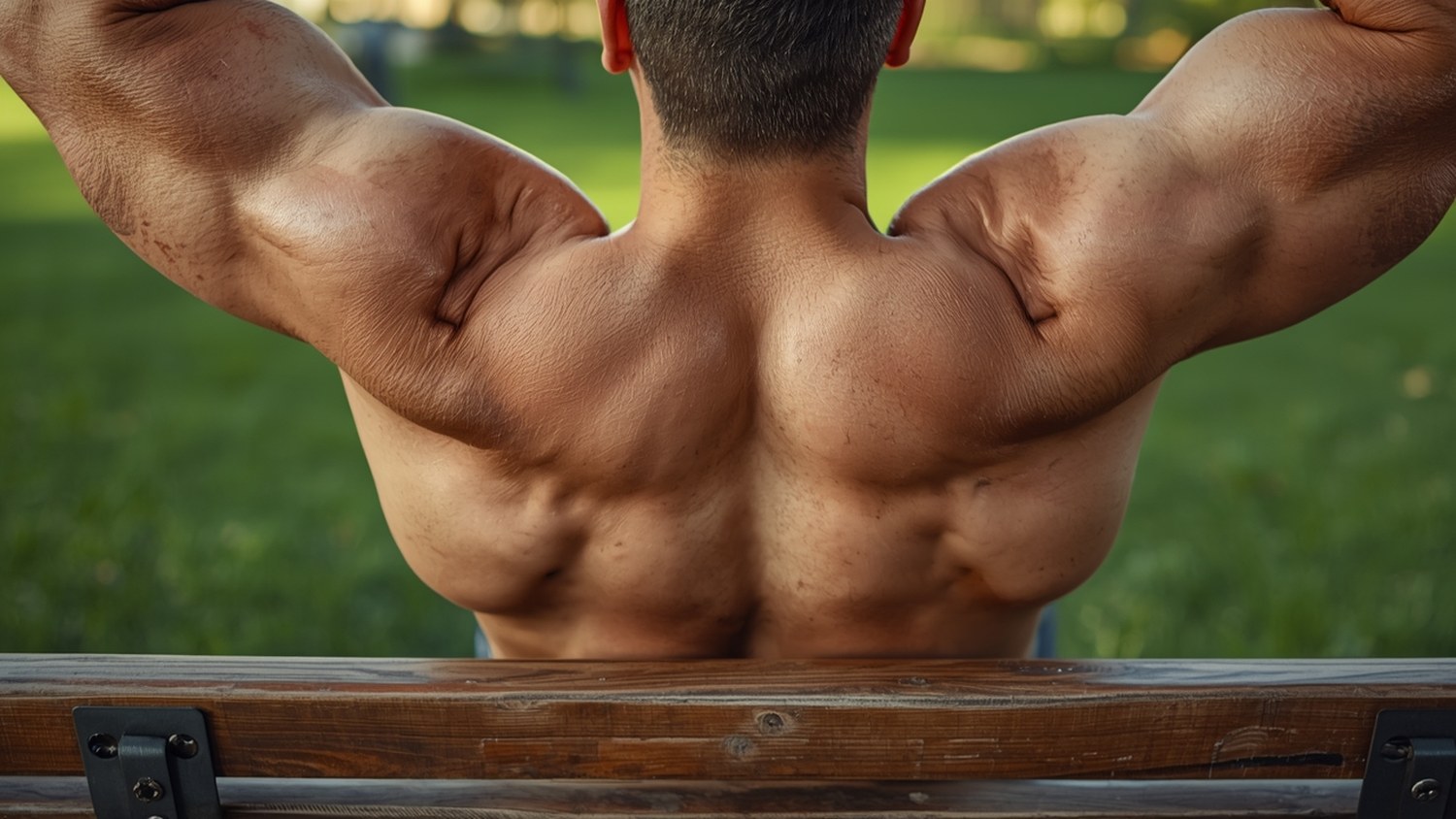 Primer plano de la espalda y la parte posterior de los brazos de un hombre con los codos flexionados hacia atras junto a un banco de parque, la zona que trabajan los ejercicios de triceps