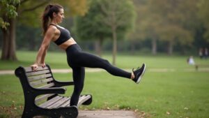 Mujer de pie sujetando un banco de parque y elevando una pierna extendida hacia atrás, haciendo la patada de glúteo de pie