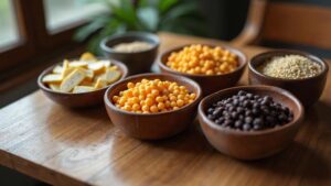 Mesa de madera con boles de garbanzos, frijoles negros, quinoa, tofu y semillas, fuentes de proteína vegetal